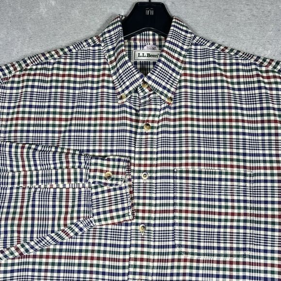 L.L Bean Dress Shirt Button Down Men’s Large Maroon Blue Red Checked Plaid 2813 - Picture 1 of 10
